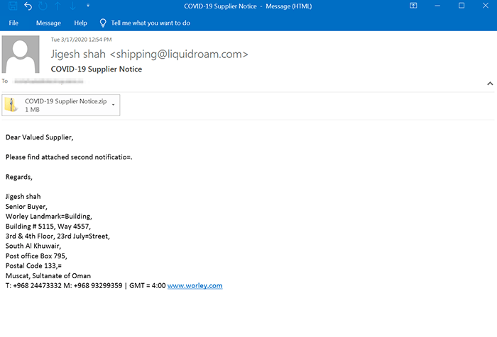 e-mail di spam di covid-19 phishing