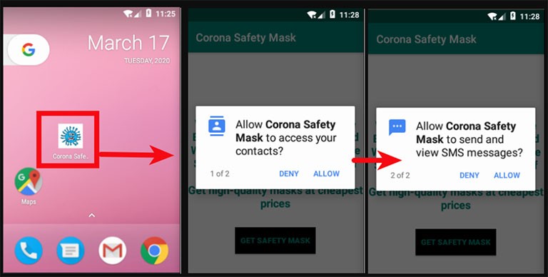 application sms cheval de Troie Android malveillante offrant un masque de coronavirus