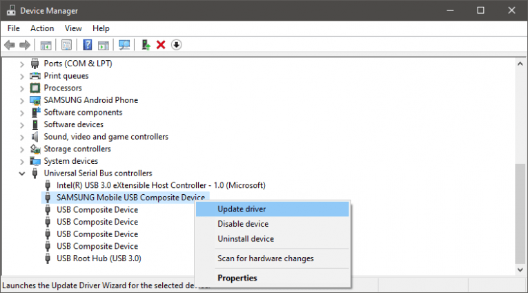 Use the device manager to update USB drivers