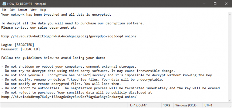Hive Ransomware Ransom Note