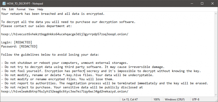 Note de rançon Hive Ransomware