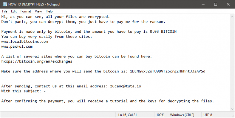 ZuCaNo Ransomware Ransom Note