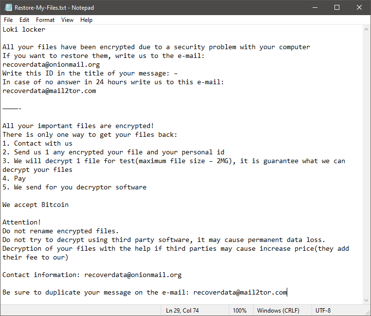 Nota sul rischio di Loki Locker Ransomware