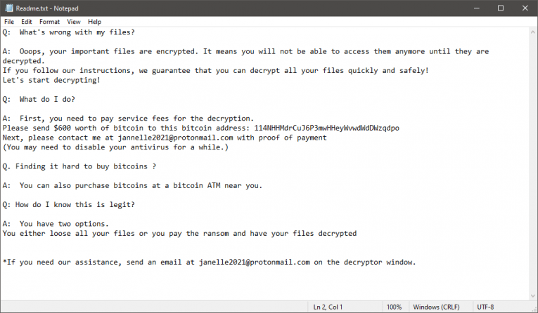 JANELLE Ransomware Nota di rischio