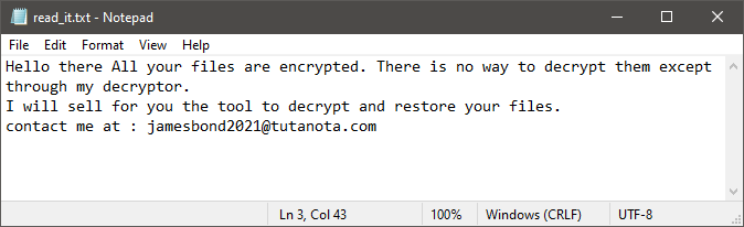 Nota di riscatto di JamesBond ransomware