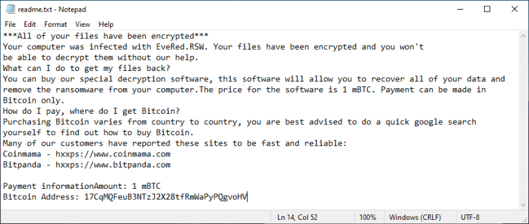 Nota de rescate de EveRed Ransomware