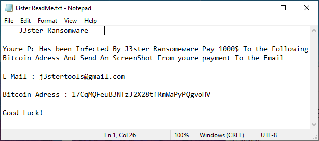J3ster Ransomware Ransom Obs