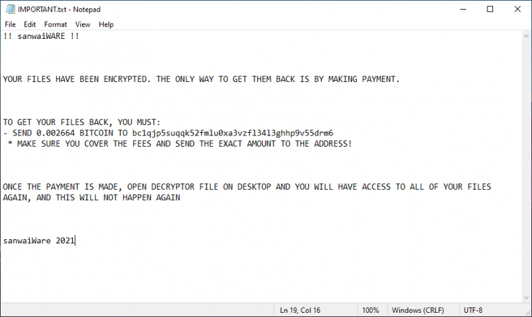 Note de rançon SanwaiWARE Ransomware